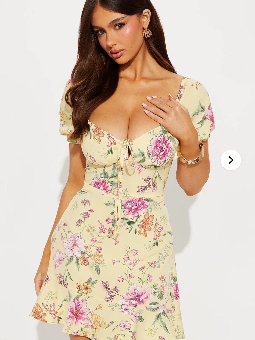 Fashion Nova Yellow Floral Tie-Front Puff Sleeve Mini Dress